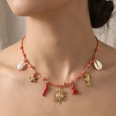 Fashnzfab Stainless Steel Sunburst Coral Seahorse Shell Starfish Charm Station Braided Thread Necklace In Red