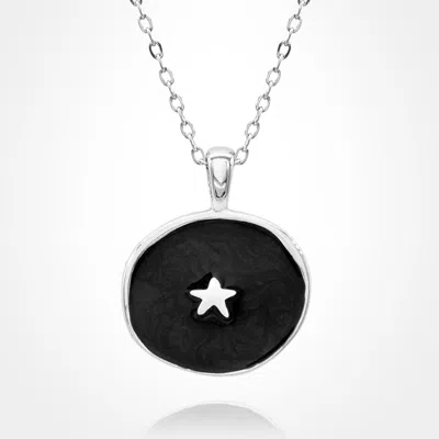 Fashnzfab Stainless Steel Swirl Enamel Star Embossed Pendant Necklace In Black