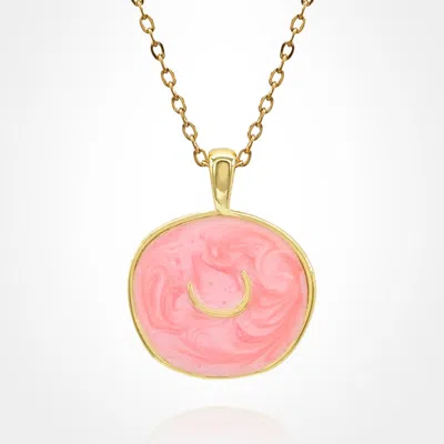 Fashnzfab Stainless Steel Swirl Enamel Tilted Crescent Embossed Pendant Necklace In Gold