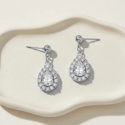 Fashnzfab Stainless Steel Teardrop Cz Halo Charm Drop Dangle Earrings In Silver