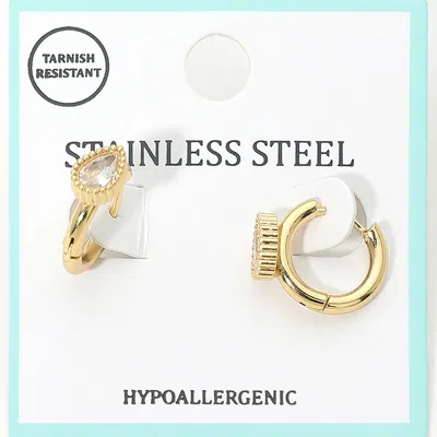 Fashnzfab Stainless Steel Teardrop Stone Accent Mini Huggie Hoop Earrings In Gold