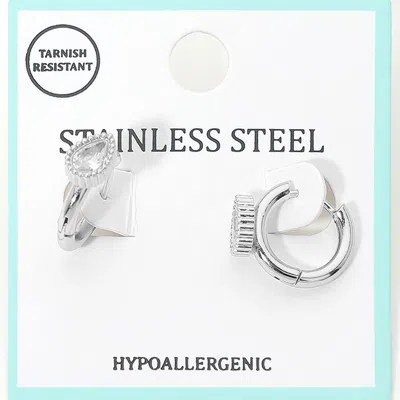 Fashnzfab Stainless Steel Teardrop Stone Accent Mini Huggie Hoop Earrings In Multi