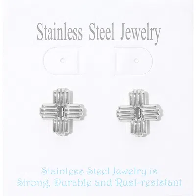 Fashnzfab Stainless Steel Textured Cross Stud Earrings In Silver