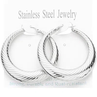 Fashnzfab Stainless Steel Textured Hoop Pin Catch Earrings In White