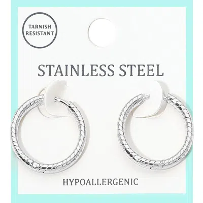Fashnzfab Stainless Steel Textured Huggie Hoop Earrings - Rhodium In Silver