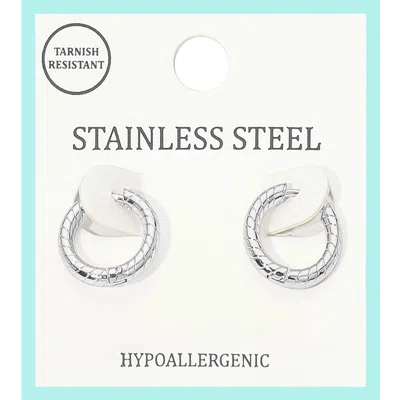 Fashnzfab Stainless Steel Textured Mini Huggie Hoop Earrings - Rhodium In Silver