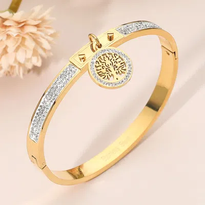 Fashnzfab Stainless Steel Tree Of Life Charm Accent Cz Stone Paved Hinged Bangle Bracelet - Gold