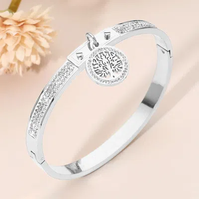 Fashnzfab Stainless Steel Tree Of Life Charm Accent Cz Stone Paved Hinged Bangle Bracelet - Silver