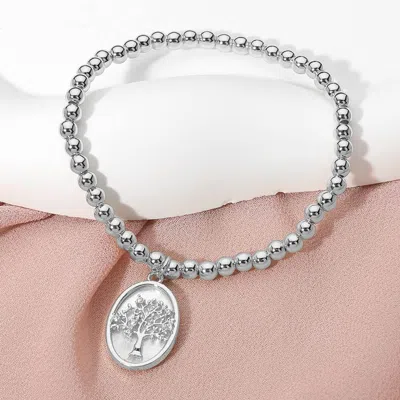 Fashnzfab Stainless Steel Tree Of Life Embossed Mother Of Pearl Oval Charm Beaded Stretch Bracelet Mother Of P In Multi