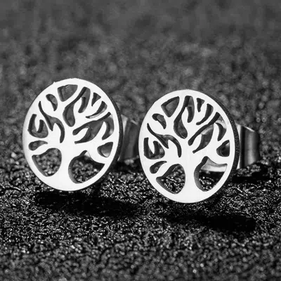 Fashnzfab Stainless Steel Tree Of Life Stud Earrings - Rhodium In Black