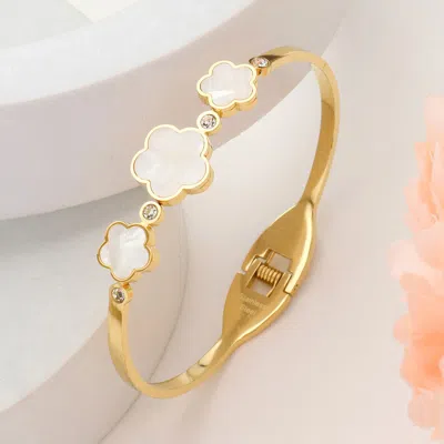 Fashnzfab Stainless Steel Triple Mother Of Pearl Quatrefoil Stone Bezel Pointed Hinged Bangel Bracelet Gold, M In Multi