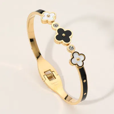 Fashnzfab Stainless Steel Triple Quatrefoil Pointed Hinged Bangle Bracelet Black, Gold, Mother Of Pearl In Multi