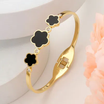 Fashnzfab Stainless Steel Triple Quatrefoil Stone Bezel Pointed Hinged Bangel Bracelet Black, Gold In Multi