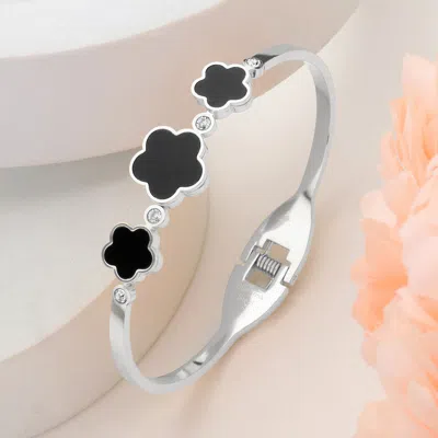 Fashnzfab Stainless Steel Triple Quatrefoil Stone Bezel Pointed Hinged Bangel Bracelet In Metallic