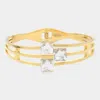 Fashnzfab Stainless Steel Triple Square Stone Pointed Hinged Bangle Bracelet Clear, Gold In Gold