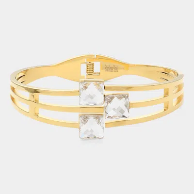 Fashnzfab Stainless Steel Triple Square Stone Pointed Hinged Bangle Bracelet Clear, Gold