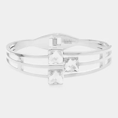 Fashnzfab Stainless Steel Triple Square Stone Pointed Hinged Bangle Bracelet Clear, Silver In Metallic