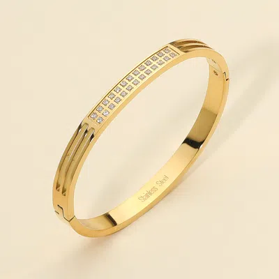 Fashnzfab Stainless Steel Two-row Stone Paved Bar Accent Hinged Bangle Bracelet Gold