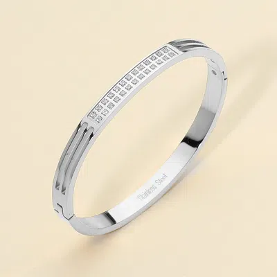 Fashnzfab Stainless Steel Two-row Stone Paved Bar Accent Hinged Bangle Bracelet Silver