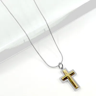 Fashnzfab Stainless Steel Two Tone Cross Pendant Necklace - Rhodium In Multi