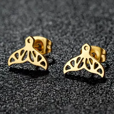 Fashnzfab Stainless Steel Whale Tale Stud Earrings - Gold