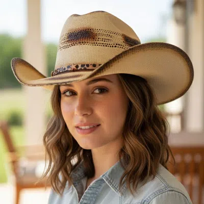 Fashnzfab Star Accent Leopard Pattern Faux Leather Band Distressed Two Tone Western Straw Cowboy Hat In Sand