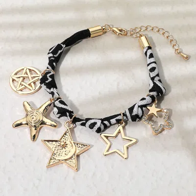 Fashnzfab Star Charm Embellished Scarf Fabric Chain Bracelet Black, Gold In Multi