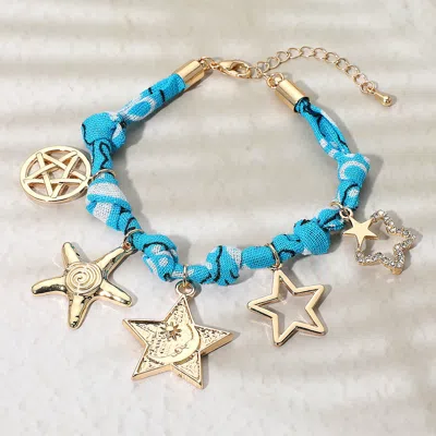 Fashnzfab Star Charm Embellished Scarf Fabric Chain Bracelet Blue, Gold In Multi