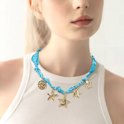 Fashnzfab Star Charm Station Bandana Fabric Necklace In Blue