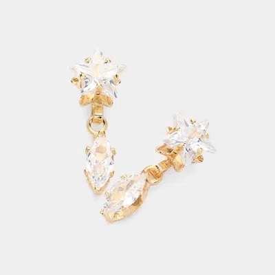 Fashnzfab Star Cz Stone Pointed Marquise Stone Dangle Evening Earrings - Gold In White