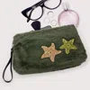 Fashnzfab Star Patches Fuzzy Faux Fur Wristlet Clutch Bag In Green