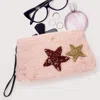 Fashnzfab Star Patches Fuzzy Faux Fur Wristlet Clutch Bag In Multi