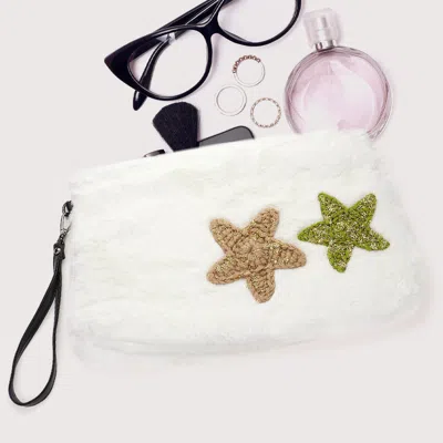Fashnzfab Star Patches Fuzzy Faux Fur Wristlet Clutch Bag In White