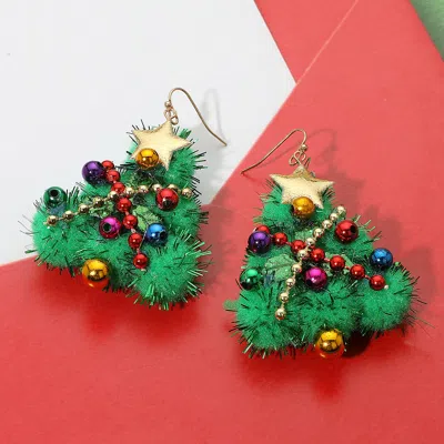 Fashnzfab Star Top Snowflake Accent Pom Pom Christmas Dangle Earrings - Green, Multi