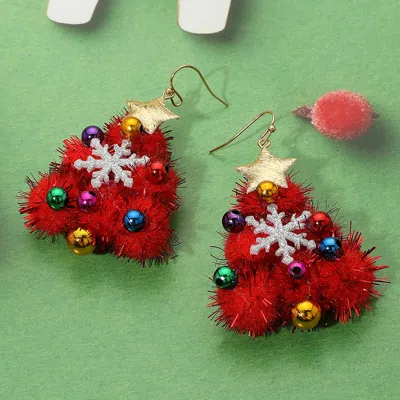 Fashnzfab Star Top Snowflake Accent Pom Pom Christmas Dangle Earrings - Multi, Red