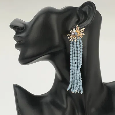 Fashnzfab Starburst Wooden Beaded Tassel Drop Earrings In Blue