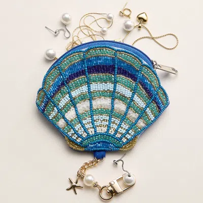 Fashnzfab Starfish Charm Keychain Seed Beaded Shell Mini Pouch Bag In Blue