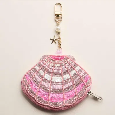 Fashnzfab Starfish Charm Keychain Seed Beaded Shell Mini Pouch Bag In Pink