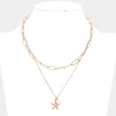 Fashnzfab Starfish Freshwater Pearl Pendant Double Layered Necklace In Gold