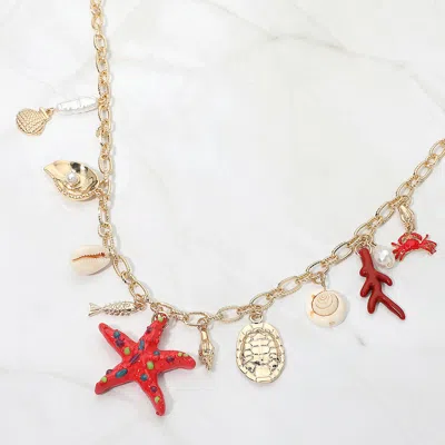 Fashnzfab Starfish Pearl Shell Fish Coral Charm Station Necklace In Red