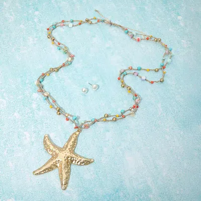 Fashnzfab Starfish Pendant Accent Faceted Beads Station Layered Chain Adjustable Cinch Pull Tie Statement Long In Blue