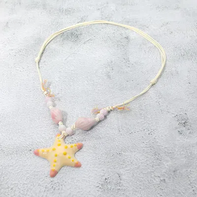 Fashnzfab Starfish Pendant Accent Shell Beaded Adjustable Cord Necklace In Pink