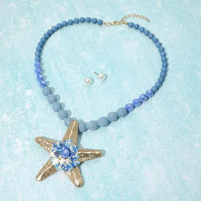 Fashnzfab Starfish Pendant Beaded Statement Necklace In Blue