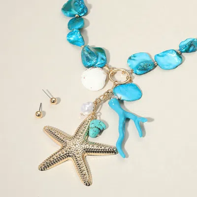 Fashnzfab Starfish Pendant Pointed Coral Pearl Charm Statement Necklace In Multi