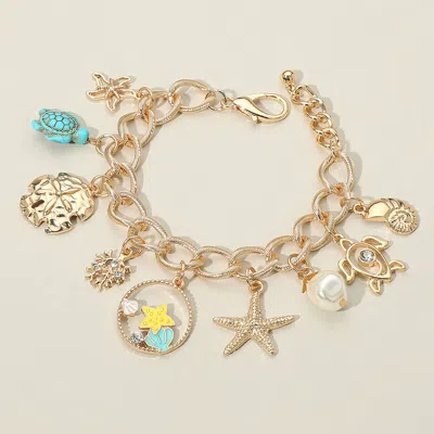 Fashnzfab Starfish Sea Turtle Sea Shell Pearl Charm Station Bracelet In Gold