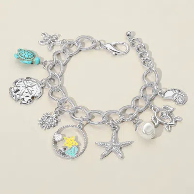 Fashnzfab Starfish Sea Turtle Sea Shell Pearl Charm Station Bracelet Rhodium In Multi