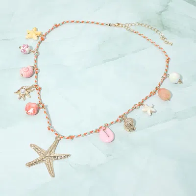 Fashnzfab Starfish Seashell Pearl Charm Station Braided Thread Chain Necklace In Pink