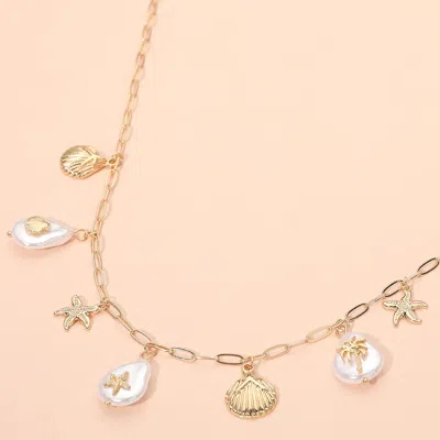 Fashnzfab Starfish Shell Palm Tree Pearl Charm Station Paperclip Chain Necklace In Gold