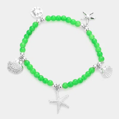 Fashnzfab Starfish Shell Sand Dollar Charms Beaded Stretch Bracelet Green