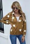 Fashnzfab Stars Print Zip Up Long Sleeve Drawstring Hoodie